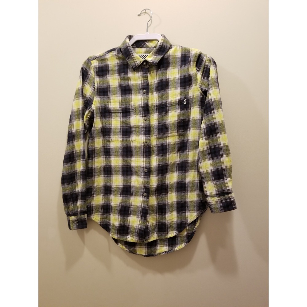 Vans Flannel Shirt Women XS Yellow Black Plaid Long Sleeve Button Down Cotton